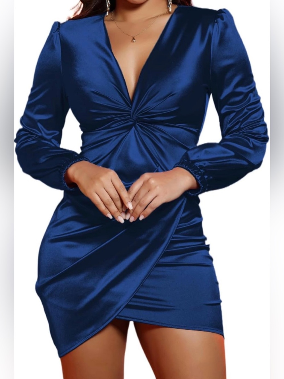 Twist-Front Satin Long Sleeve Dress - Deep Navy